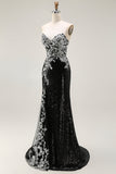 Sparkly Black Silver Mermaid Strapless Sequin Corset Strapless Long Ball Dress