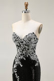 Sparkly Black Silver Mermaid Strapless Sequin Corset Strapless Long Ball Dress