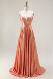 Metallic Orange A Line Corset Beaded Long Ball Dress with Lace Up Back