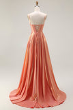 Metallic Orange A Line Corset Beaded Long Ball Dress with Lace Up Back