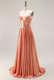 Metallic Orange A Line Corset Beaded Long Ball Dress with Lace Up Back