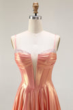 Metallic Orange A Line Corset Beaded Long Ball Dress with Lace Up Back