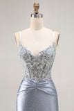 Grey Blue Mermaid Beaded Corset Long Prom Dress With Appliques