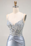 Grey Blue Mermaid Beaded Corset Long Prom Dress With Appliques