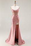 Sweetheart Blush Appliqued Corset Mermaid Beaded Ball Dress with Slit