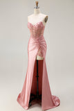 Sweetheart Blush Appliqued Corset Mermaid Beaded Ball Dress with Slit