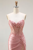 Sweetheart Blush Appliqued Corset Mermaid Beaded Ball Dress with Slit