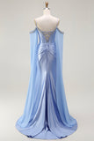 Blue Mermaid Cold Shoulder Beaded Convertible Corset Ball Dress