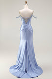 Blue Mermaid Cold Shoulder Beaded Convertible Corset Ball Dress