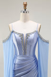 Blue Mermaid Cold Shoulder Beaded Convertible Corset Ball Dress