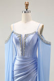 Blue Mermaid Cold Shoulder Beaded Convertible Corset Ball Dress