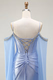 Blue Mermaid Cold Shoulder Beaded Convertible Corset Ball Dress