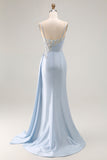 Light Blue Mermaid Appliqued Corset Long Prom Dress With Slit