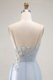 Light Blue Mermaid Appliqued Corset Long Prom Dress With Slit