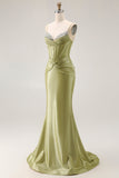 Green Mermaid Corset Beaded Long Prom Dress with Lace Up Back
