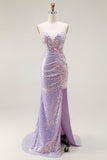 Sparkly Lilac Mermaid Corset Sequins Floral Appliqued Ball Dress with Slit
