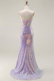 Sparkly Lilac Mermaid Corset Sequins Floral Appliqued Ball Dress with Slit