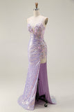Sparkly Lilac Mermaid Corset Sequins Floral Appliqued Ball Dress with Slit