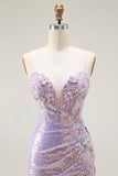 Sparkly Lilac Mermaid Corset Sequins Floral Appliqued Ball Dress with Slit