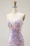 Sparkly Lilac Mermaid Corset Sequins Floral Appliqued Ball Dress with Slit