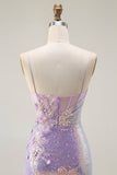 Sparkly Lilac Mermaid Corset Sequins Floral Appliqued Ball Dress with Slit