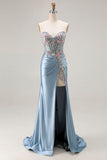 Grey Blue SweetheartMermaid Appliqued Corset Beaded Long Prom Dress with Slit