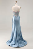 Grey Blue Mermaid Sweetheart Appliqued Corset Beaded Long Prom Dress With Slit