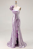 Metallic Lilac One-Shoulder Long Prom Dress with Draped Ruffle Detail