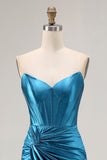 Royal Blue Strapless Ruched Corset Mermaid Beaded Long Prom Dress With Slit