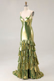 Gold Metallic Tiered Mermaid Tie Back Long Prom Dress With Slit