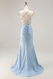 Light Blue Ruched Mermaid Lace Up Back Long Prom Dress With Slit