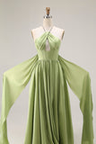Sage Green A Line Satin Corset Keyhole Long Evenning Dress with Cap Sleeves