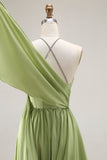 Sage Green A Line Satin Corset Keyhole Long Evenning Dress with Cap Sleeves