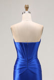 Royal Blue Strapless Beaded Corset Mermaid Pleated Long Prom Dress with Slit