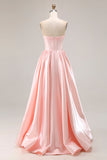 Pink A Line Sweetheart Satin Corset Long Prom Dress with Beading
