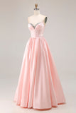 Pink A Line Sweetheart Satin Corset Long Prom Dress with Beading