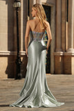 Dusty Sage Sweetheart Sequin Applique Corset Mermaid Long Prom Dress with Ruffle Slit