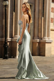 Dusty Sage Sweetheart Sequin Applique Corset Mermaid Long Prom Dress with Ruffle Slit