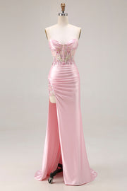 Pink Strapless Mermaid Corset Appliqued Sequin Long Prom Dress With Slit