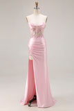 Pink Strapless Mermaid Corset Appliqued Sequin Long Prom Dress With Slit