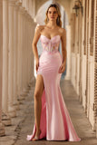 Strapless Pink Mermaid Corset Appliqued Sequin Long Prom Dress With Slit