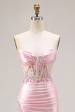 Pink Strapless Mermaid Corset Appliqued Sequin Long Prom Dress With Slit