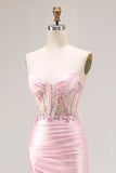 Pink Strapless Mermaid Corset Appliqued Sequin Long Prom Dress With Slit