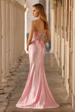Strapless Pink Mermaid Corset Appliqued Sequin Long Prom Dress With Slit