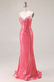 Glitter Watermelon Mermaid Pleated Corset Long Prom Dress With Beading