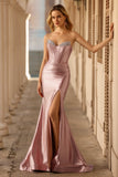 Dusty Rose Strapless Beaded Mermaid Corset Satin Long Prom Dress with Slit