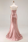 Dusty Rose Mermaid Strapless Beaded Corset Satin Long Prom Dress with Slit