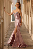 Dusty Rose Strapless Beaded Mermaid Corset Satin Long Prom Dress with Slit