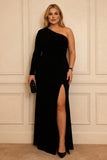 Black One Shoulder Sheath Satin Plus Size Mother Of The Bride Dress with Slit
