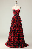 Black Red Flower A Line Sweetheart Corset Ruffled Long Ball Dress with Slit